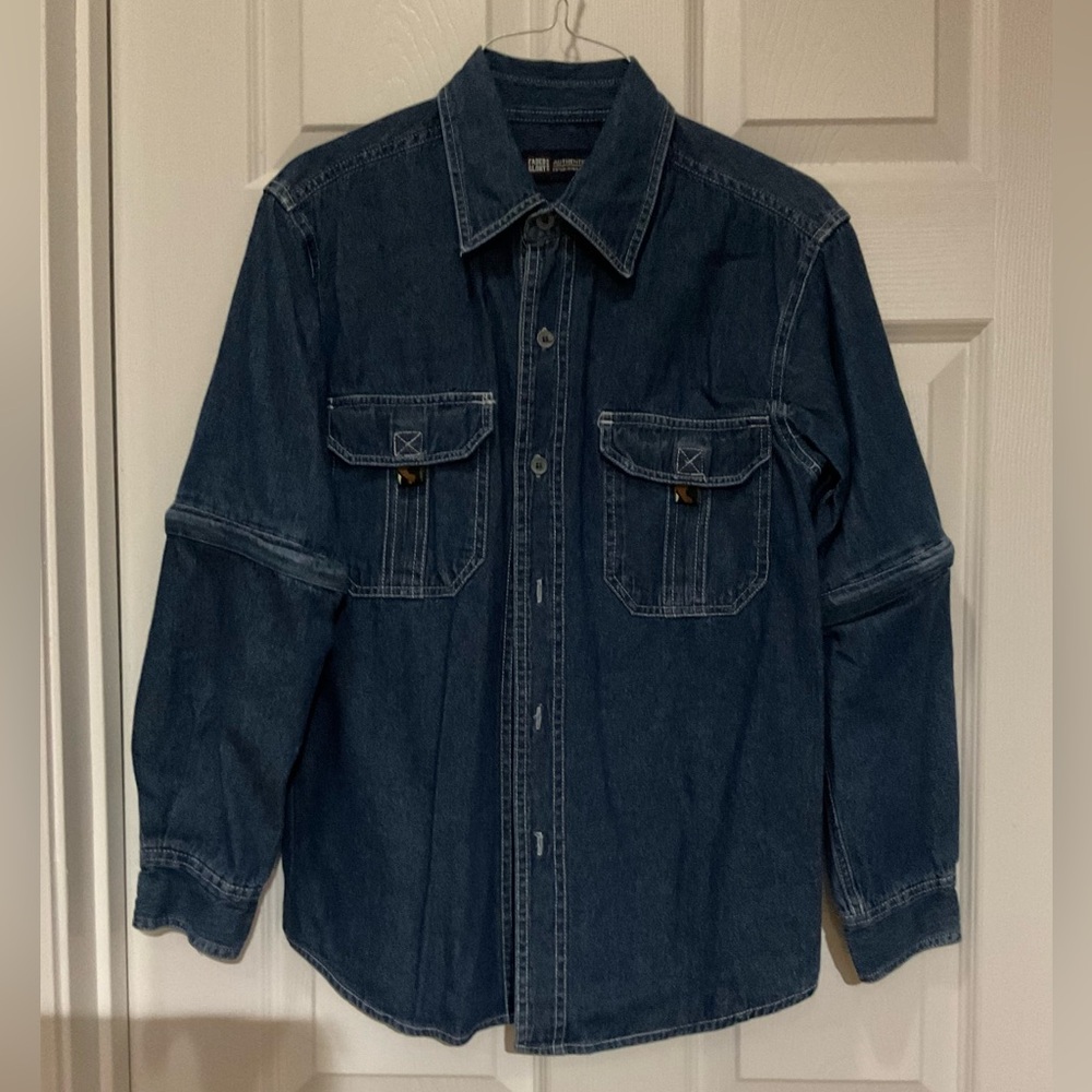 Denim blue jean shirt with velcro pockets & zip off sleeves boys L